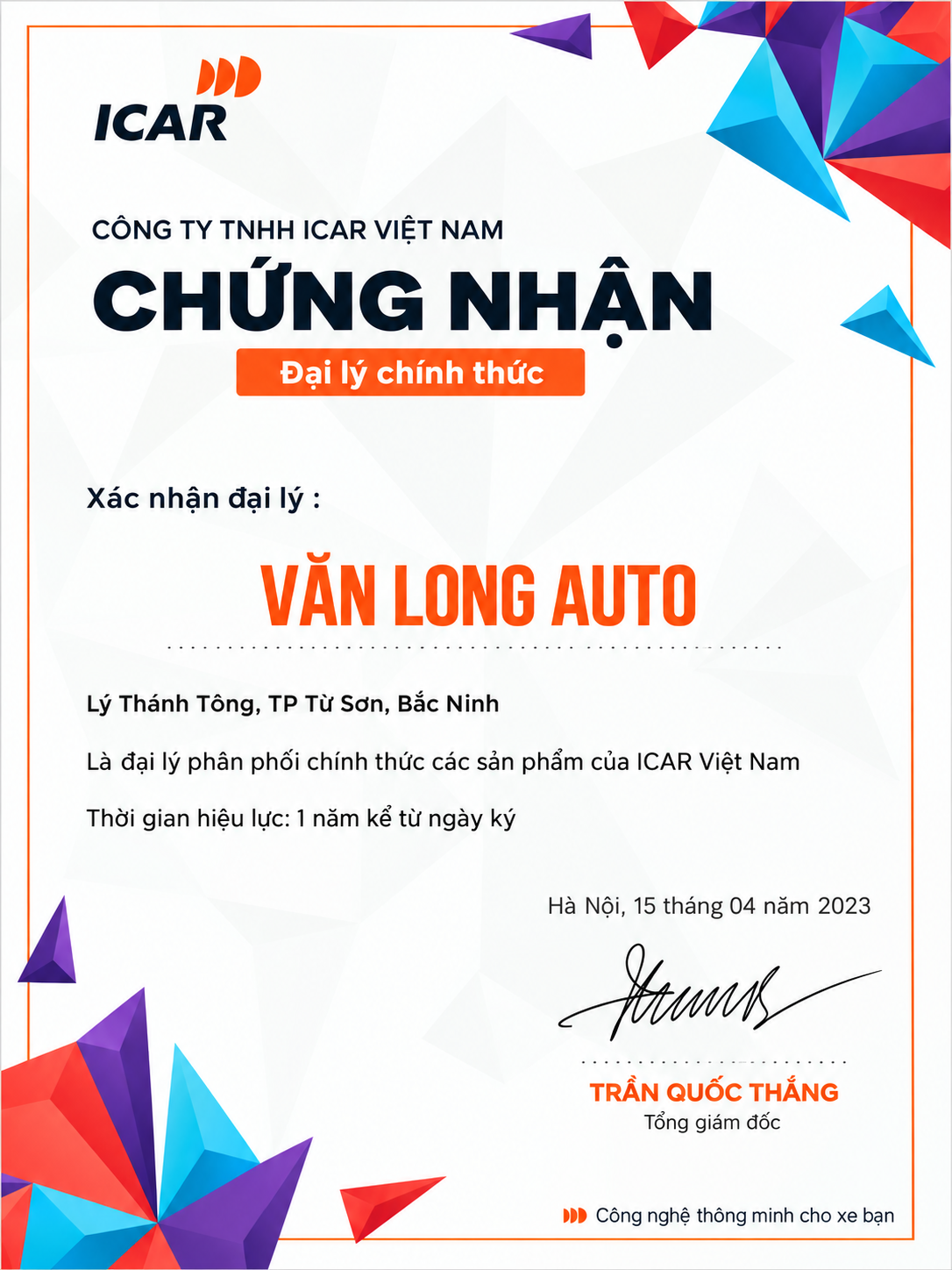 Chứng nhận đại lý chính thức ICAR Việt Nam